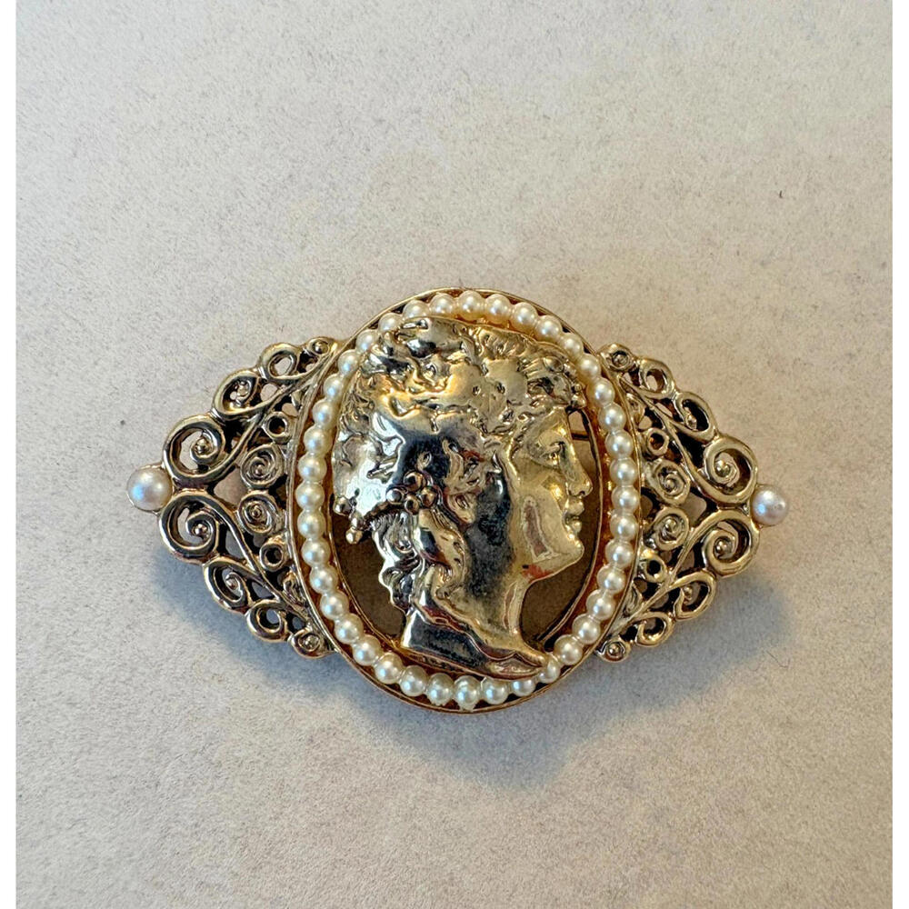 Vintage Victorian Revival Shiny Gold Tone Faux Pearl Cameo Brooch 2 Inch 1928